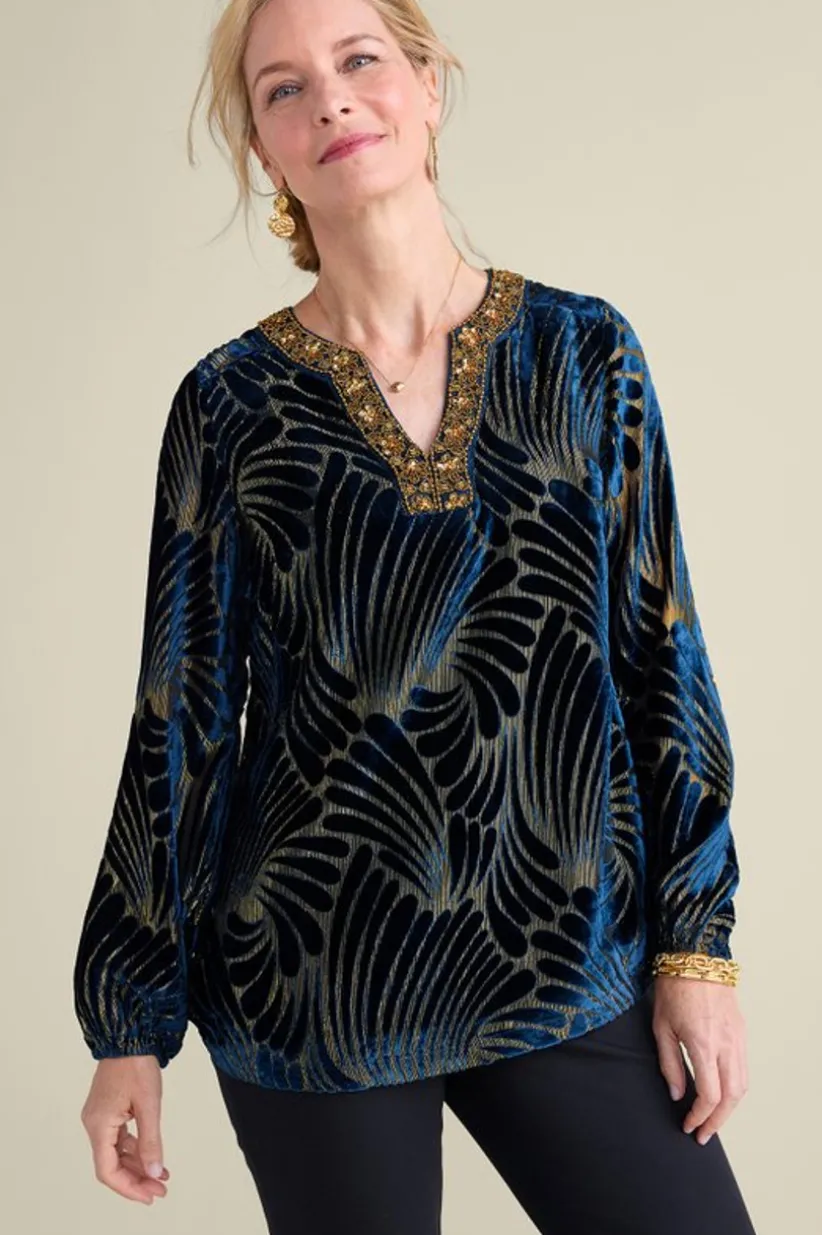 Soft Surroundings Adrienne Embroidered Velvet Tunic BlueSwirlVelvetBurnout Shop