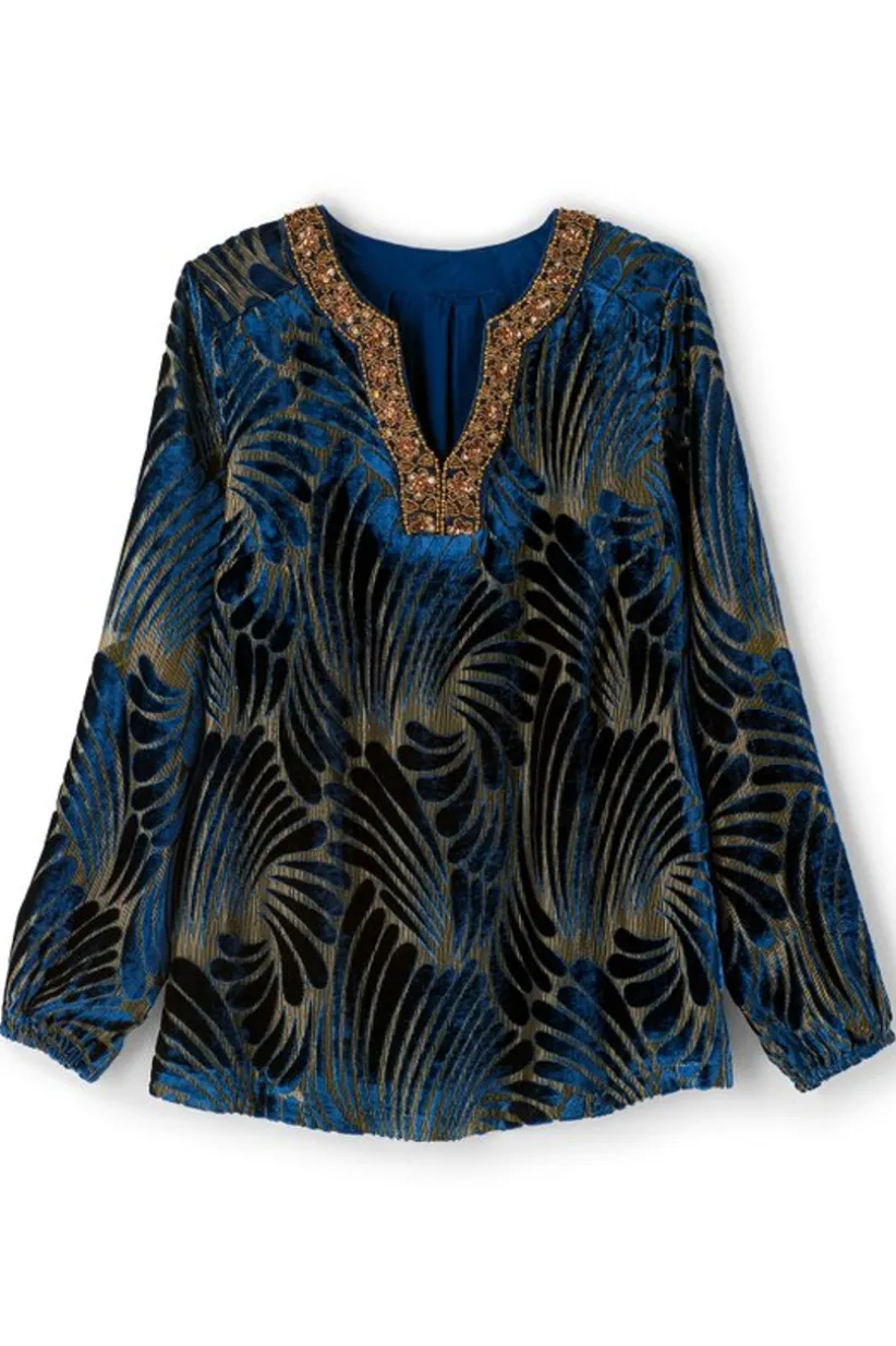 Soft Surroundings Adrienne Embroidered Velvet Tunic BlueSwirlVelvetBurnout Shop