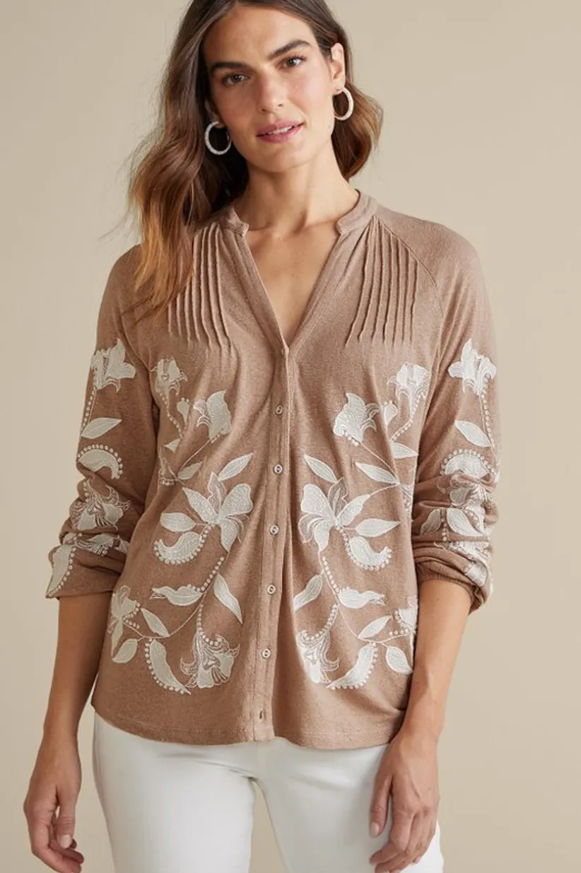 Soft Surroundings Alva Embroidered Knit Top Beige Cheap