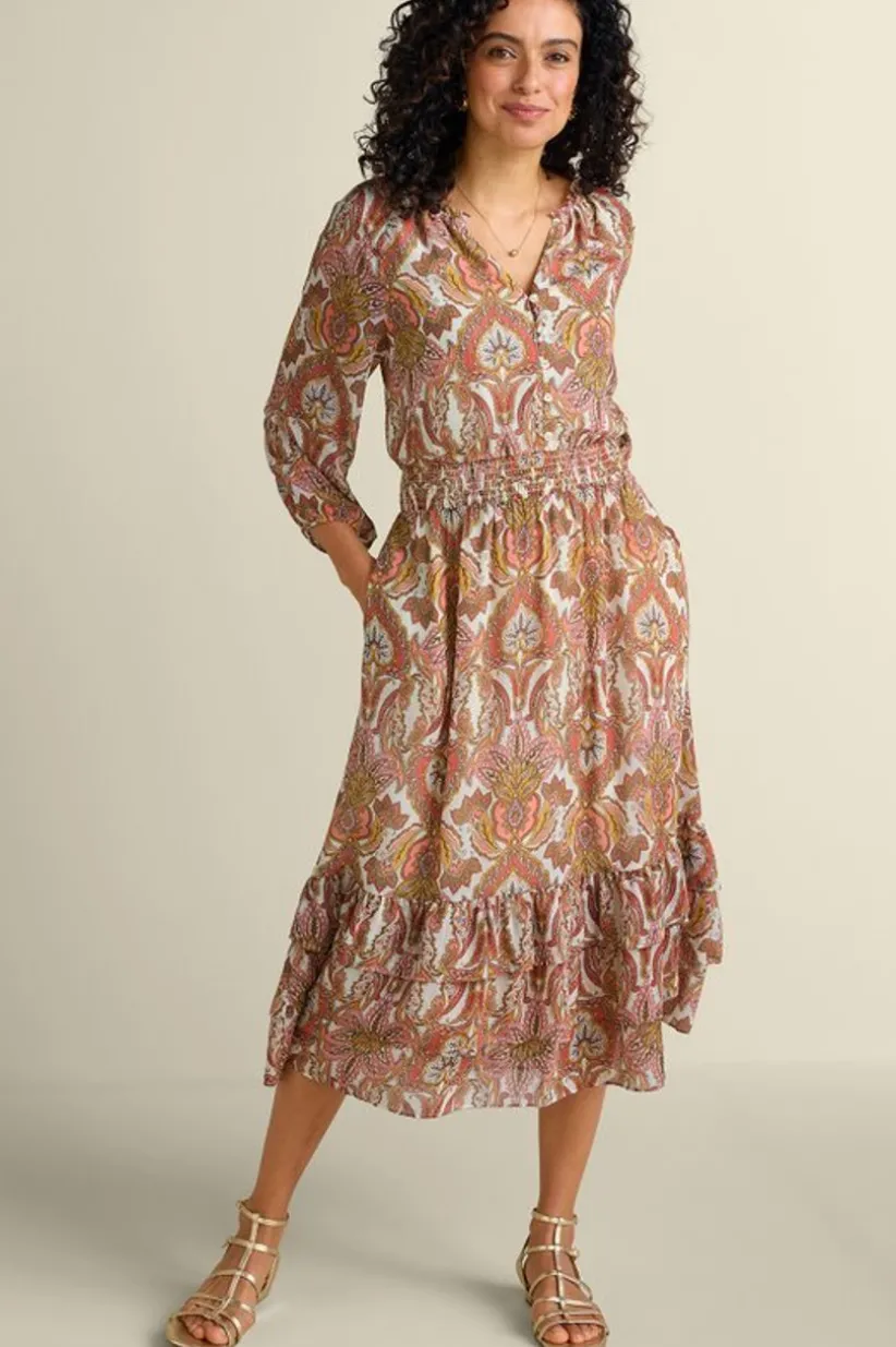 Soft Surroundings Betsey Midi Dress GlobalScarfCreamCoral Clearance