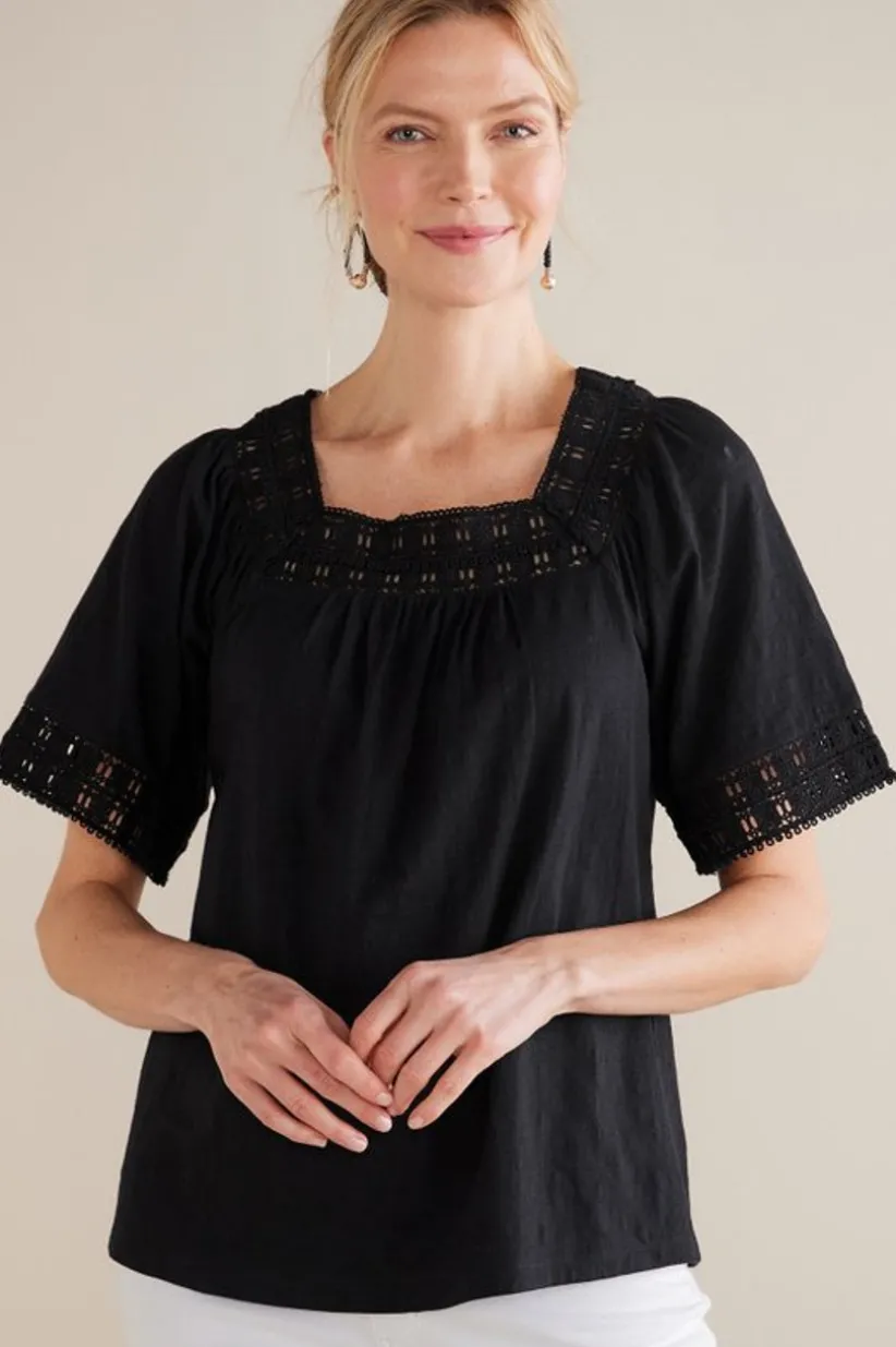 Soft Surroundings Brianna Crochet Knit Tee Black Cheap