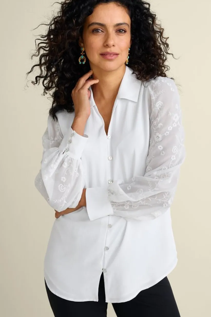 Soft Surroundings Calathea Embroidered Sleeve Shirt White Cheap