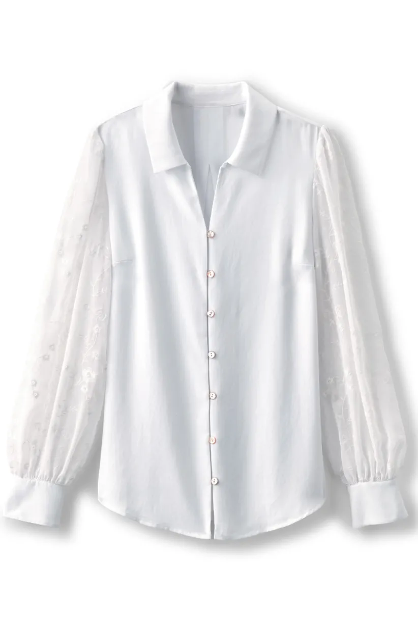 Soft Surroundings Calathea Embroidered Sleeve Shirt White Cheap