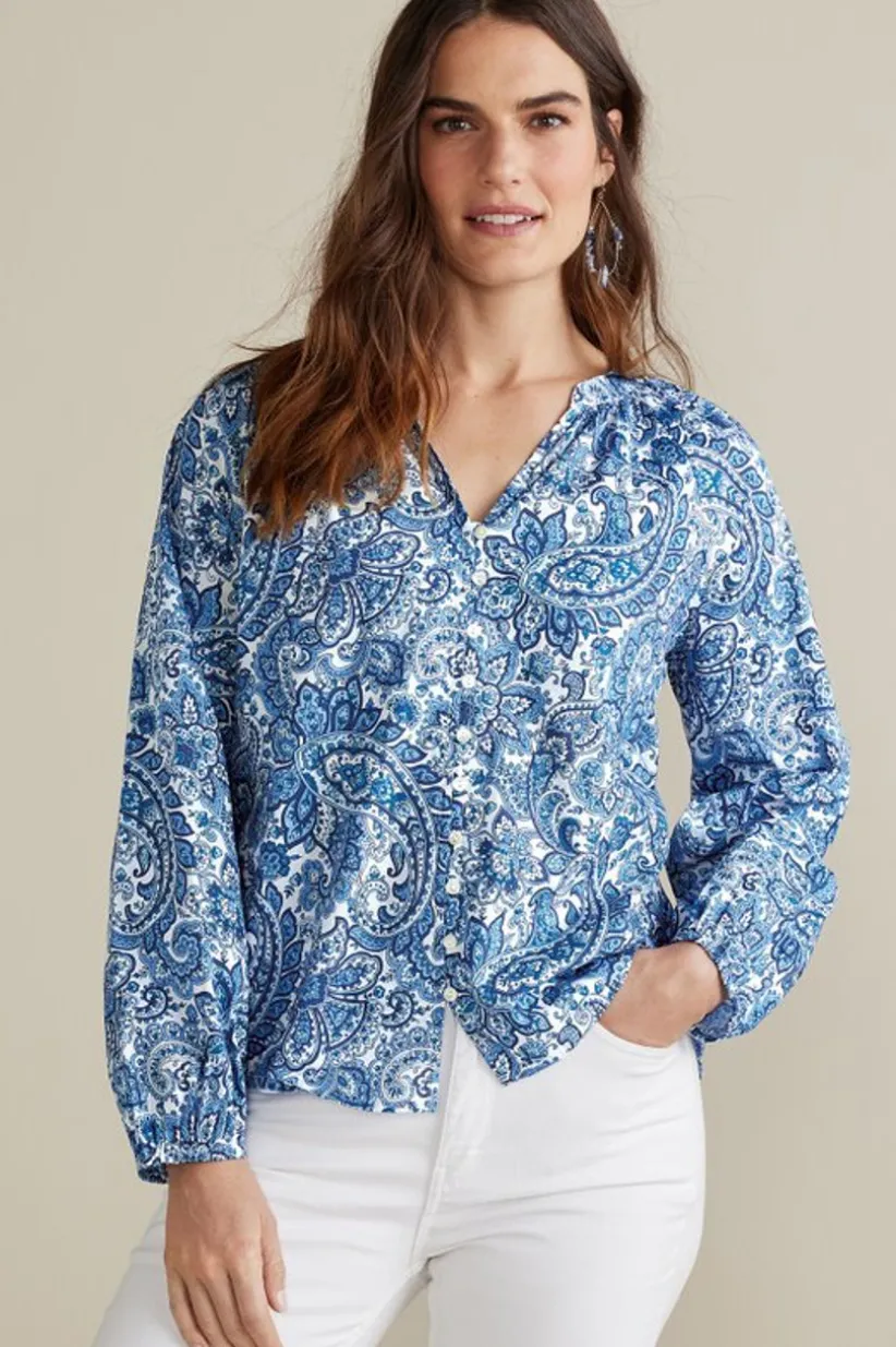 Soft Surroundings Celia Top SpringPaisleyChambray New