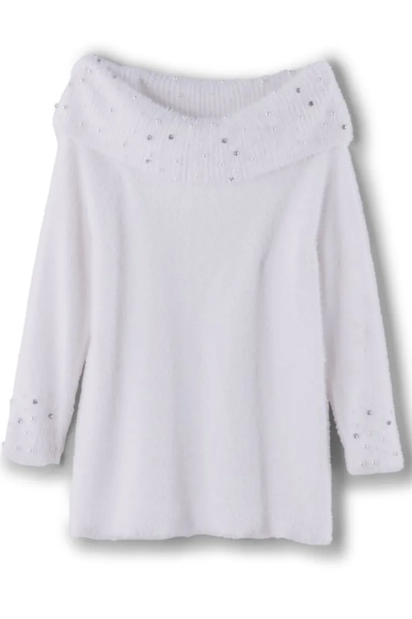 Soft Surroundings Christina Embellished Cowl Neck Sweater Tunic IvoryPearl Best