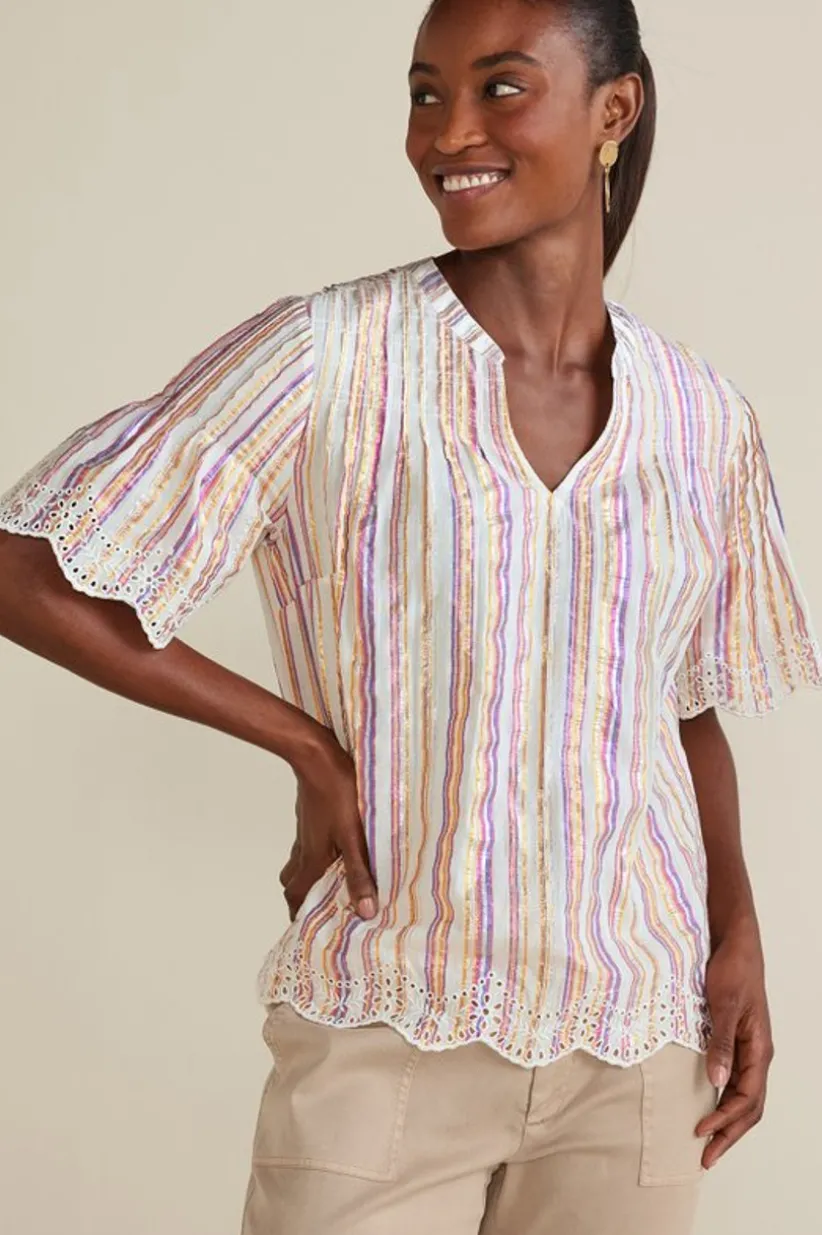 Soft Surroundings Ciel Metallic Stripe Eyelet Top MultiMetallicStripe Online