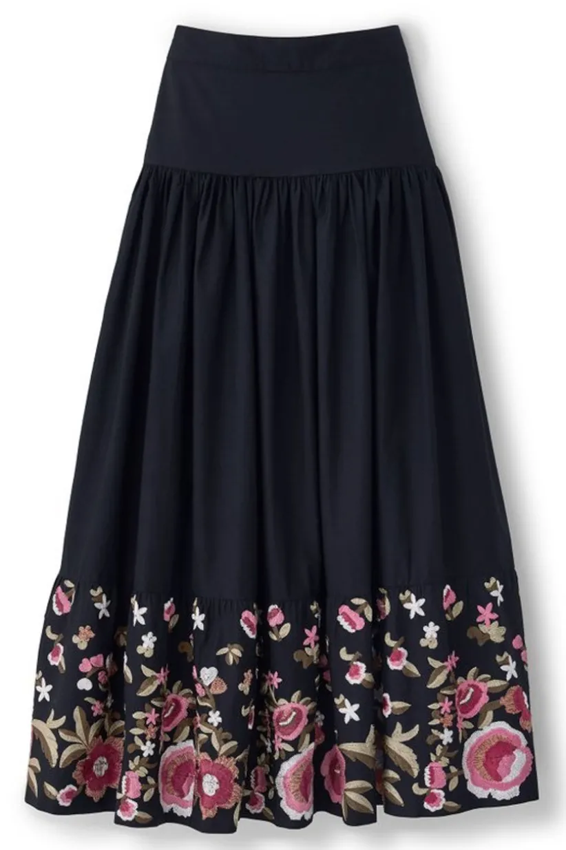 Soft Surroundings Cindi Embroidered Maxi Skirt Black New