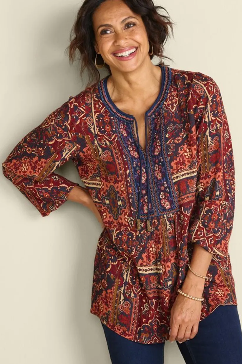 Soft Surroundings Cindra Embroidered Gauze Tunic RivieraPatchworkBurgund Sale