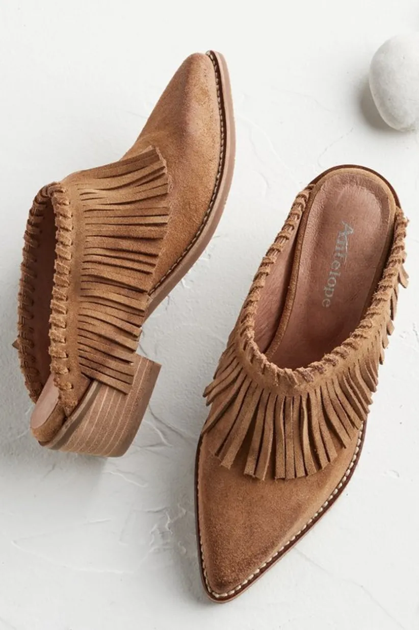 Soft Surroundings Dabney Fringe Suede Mules Taupe Fashion