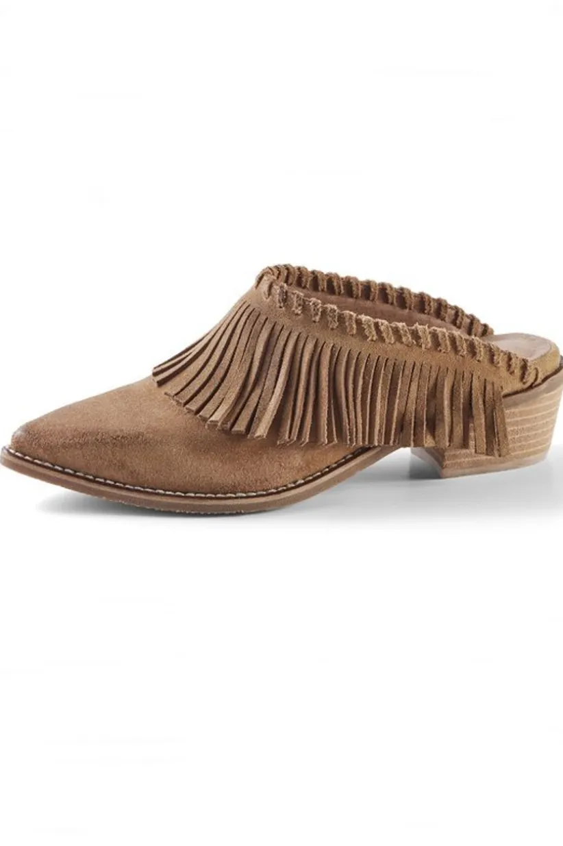 Soft Surroundings Dabney Fringe Suede Mules Taupe Fashion