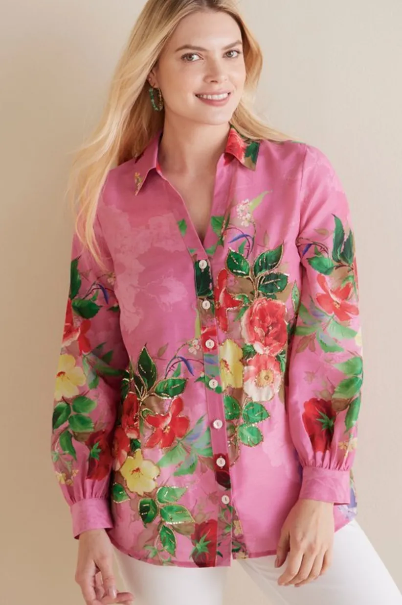 Soft Surroundings Danica Embellished Shirt Red/PinkFloral Sale