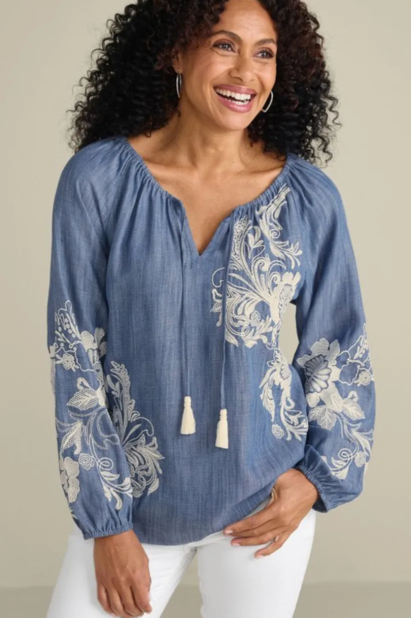 Soft Surroundings Diya Embroidered Tencel™ Peasant Top MediumWash Shop