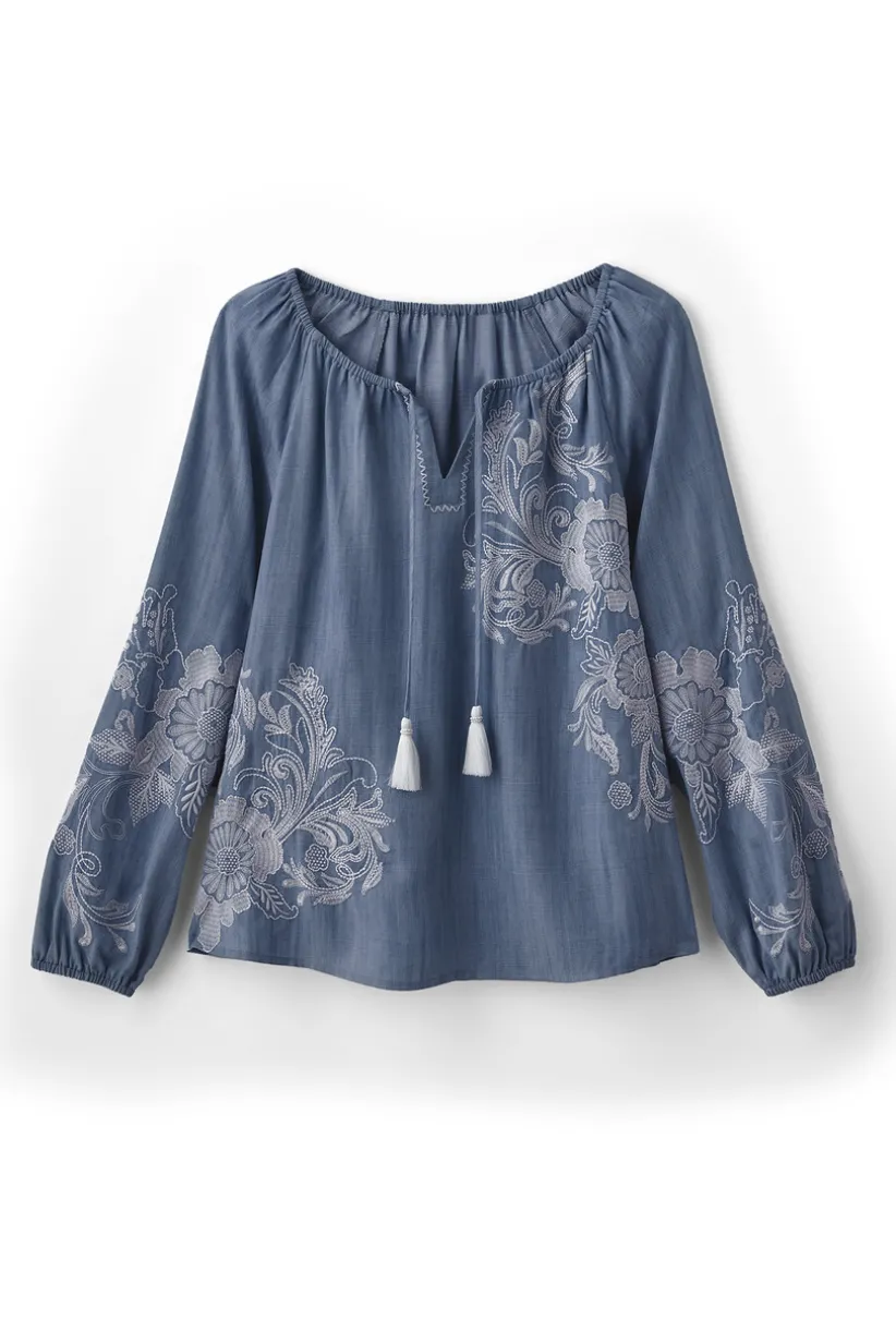 Soft Surroundings Diya Embroidered Tencel™ Peasant Top MediumWash Shop