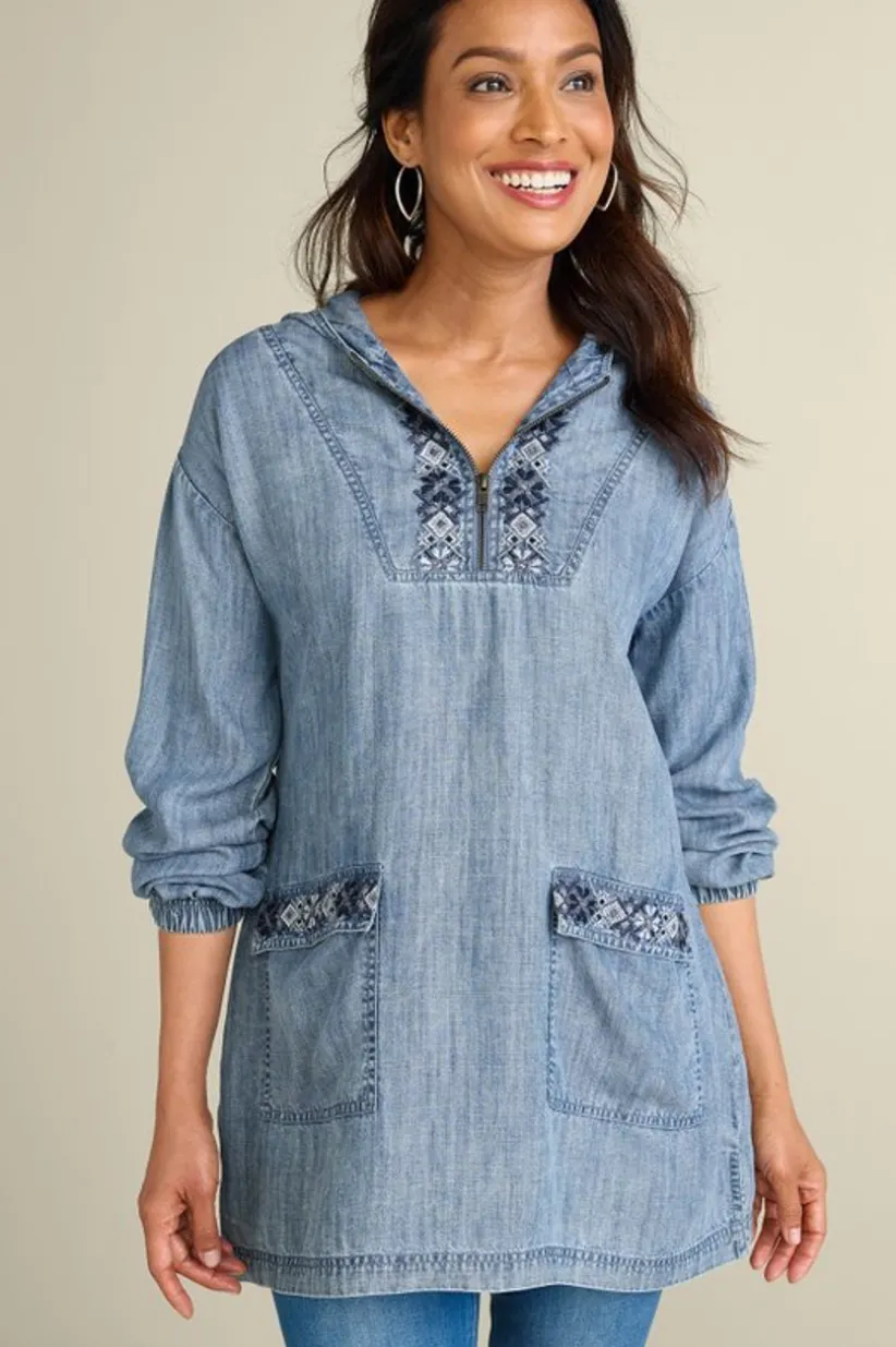 Soft Surroundings Evie Embroidered Tencel Hoodie WashedBlue Cheap