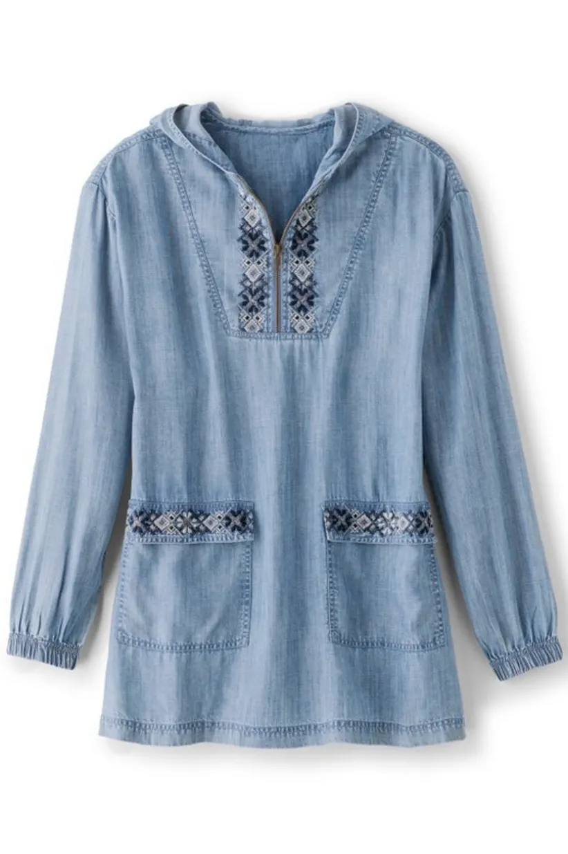 Soft Surroundings Evie Embroidered Tencel Hoodie WashedBlue Cheap