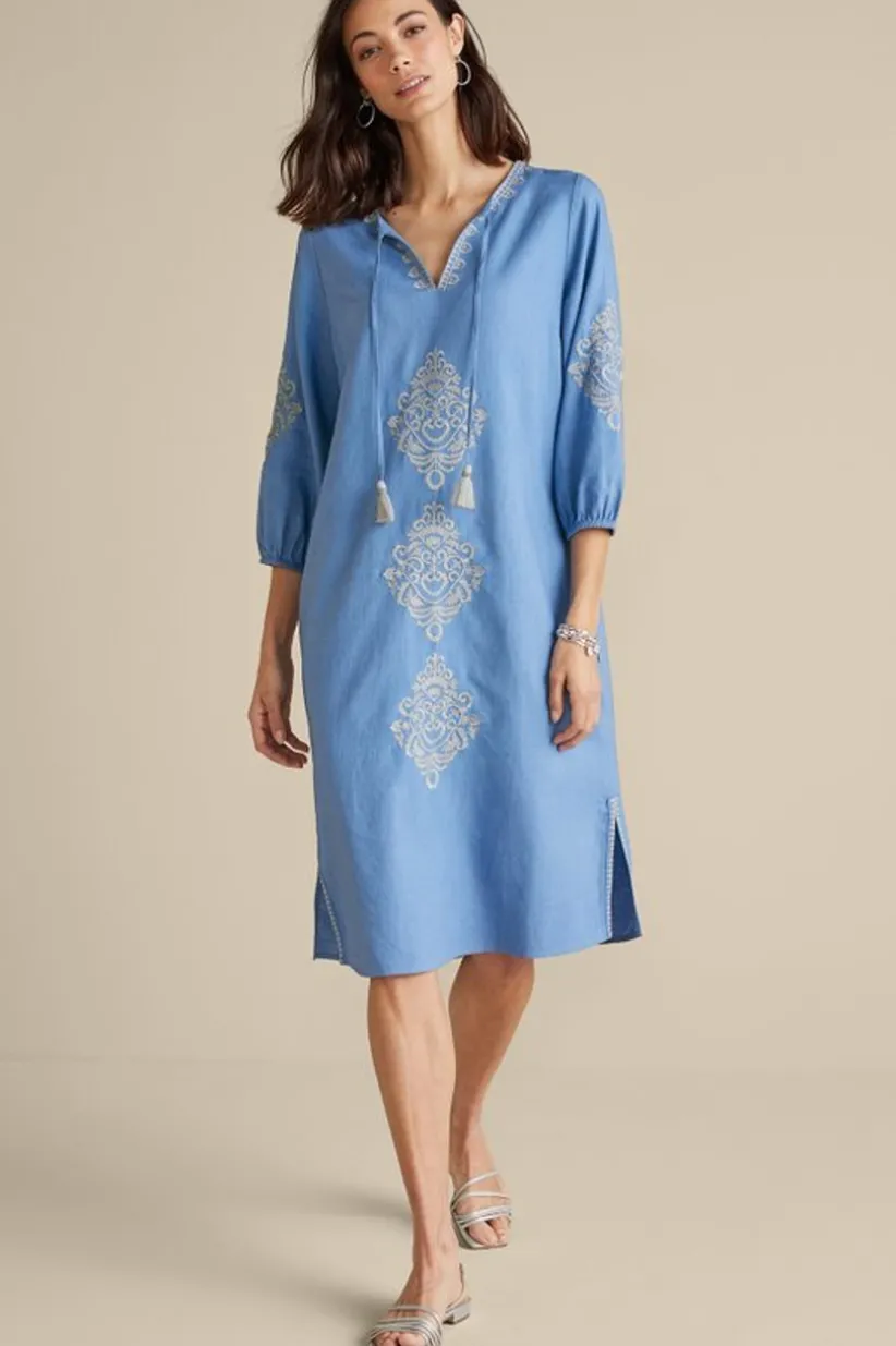 Soft Surroundings Hasana Linen Blend Midi Dress RiversideBlue Best