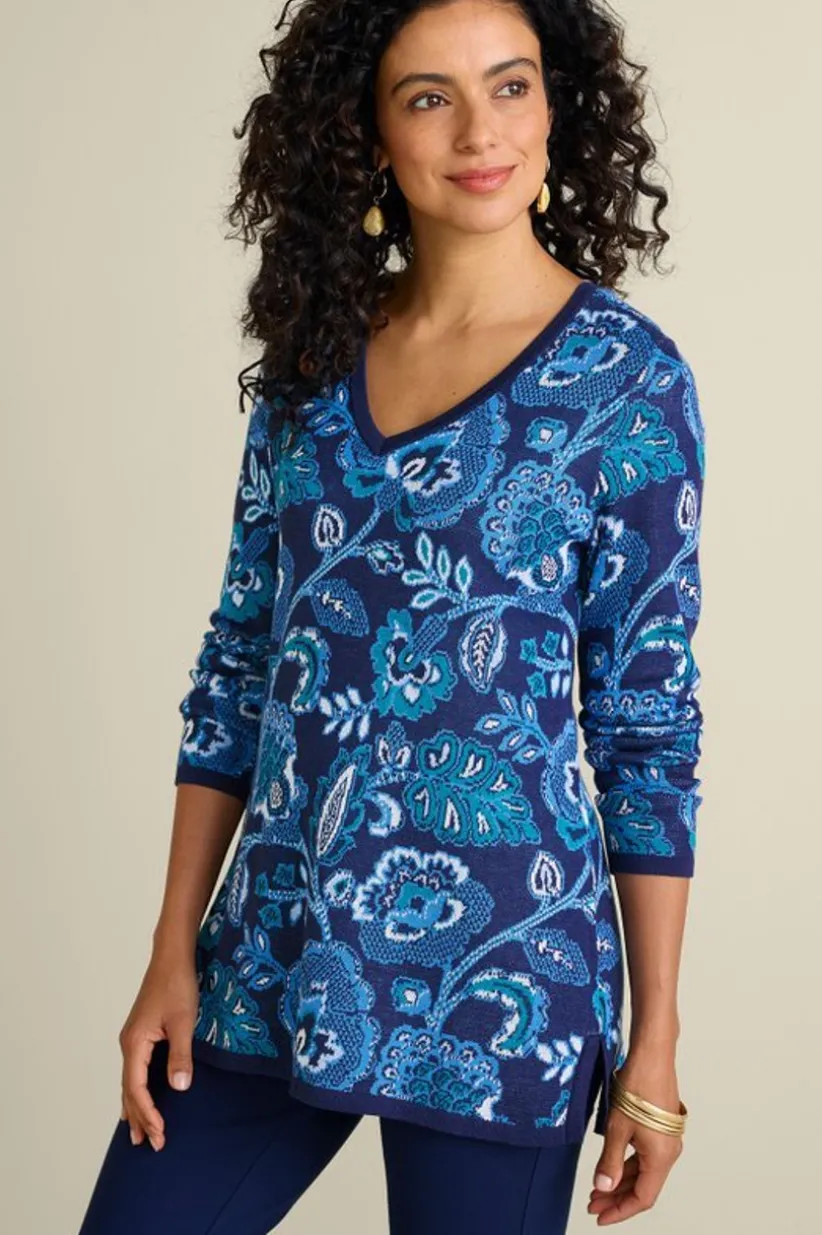 Soft Surroundings Leonor Jacquard Tunic Sweater FallGardenBlue Clearance