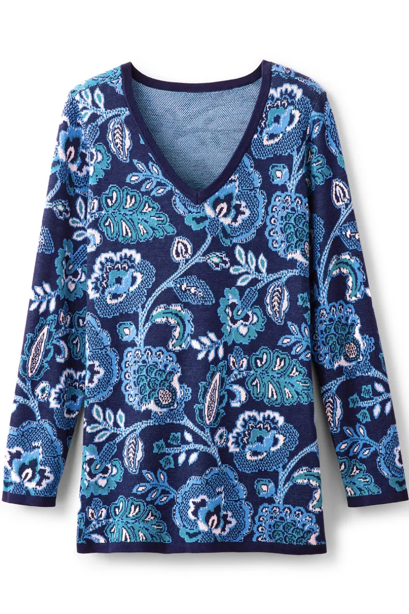 Soft Surroundings Leonor Jacquard Tunic Sweater FallGardenBlue Clearance