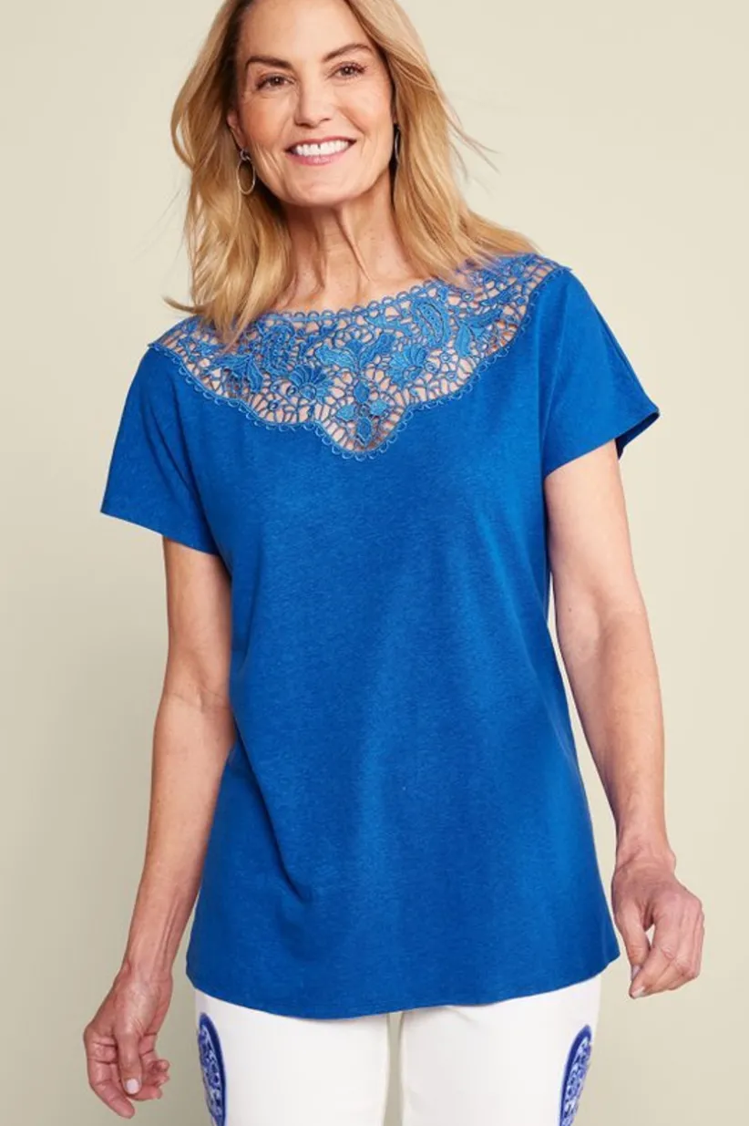 Soft Surroundings Luella Linen Blend Lace Tee Sapphire Hot