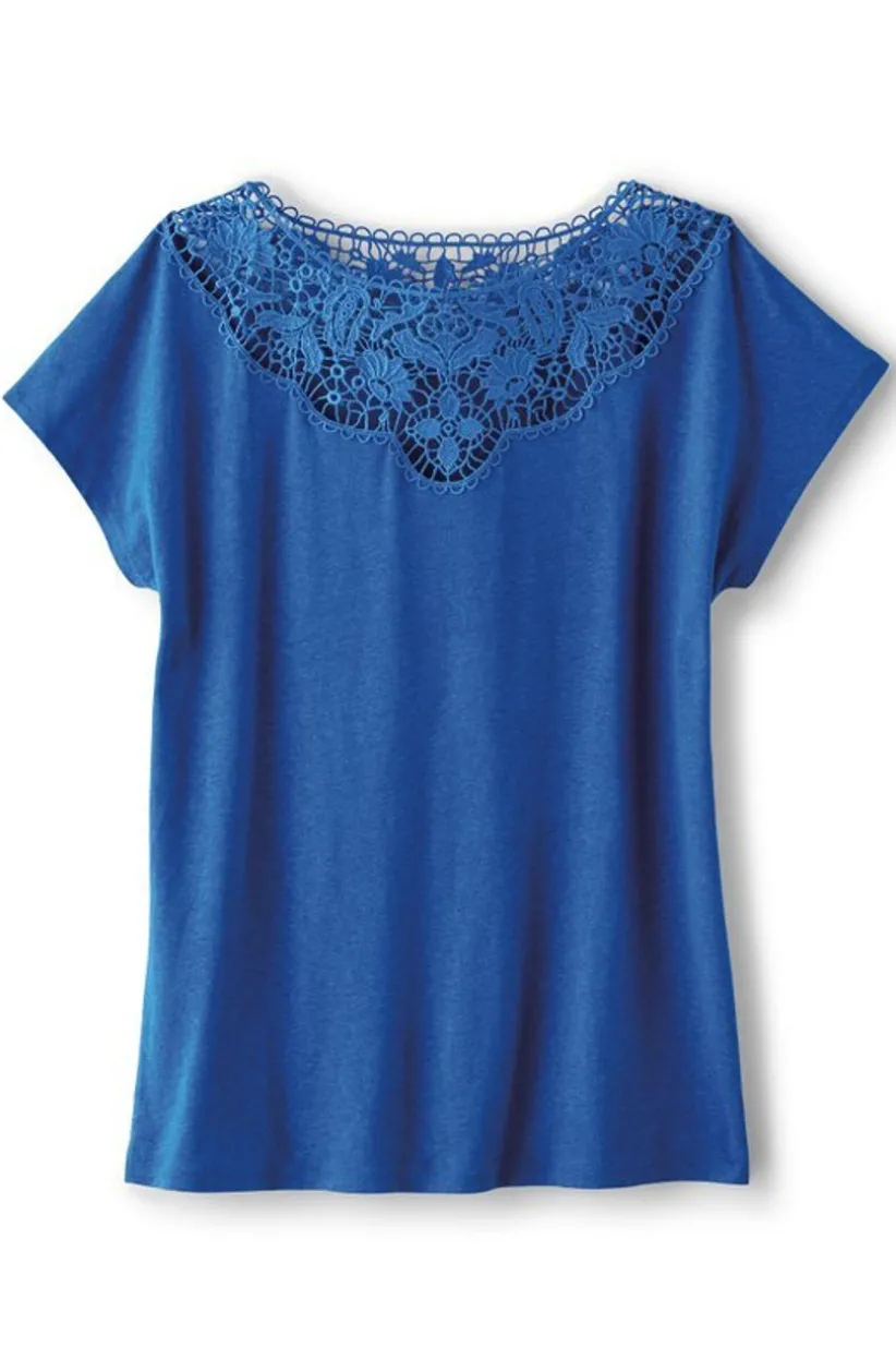 Soft Surroundings Luella Linen Blend Lace Tee Sapphire Hot