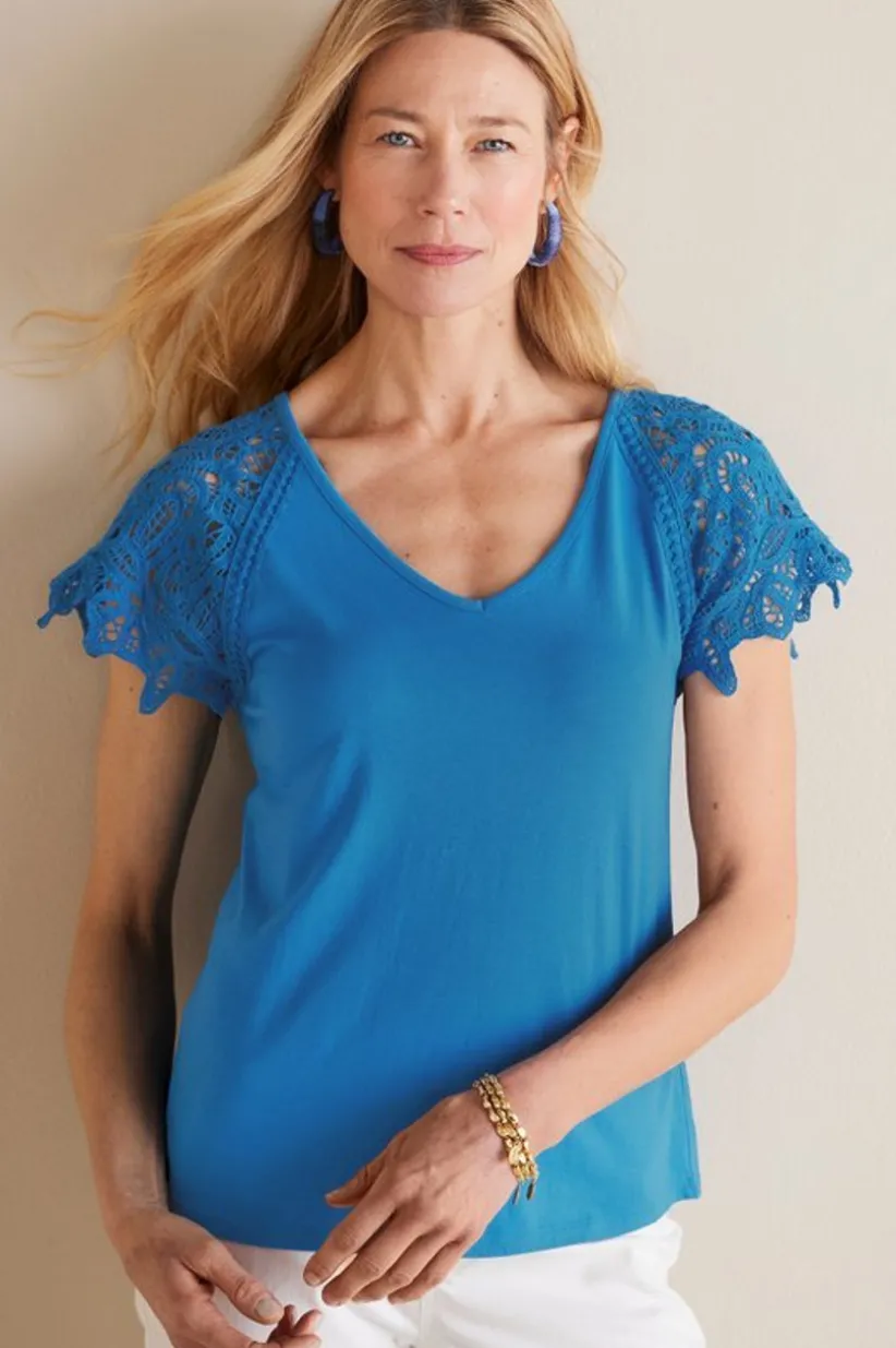 Soft Surroundings Nikita Lace Sleeve Tee FrenchBlue Shop