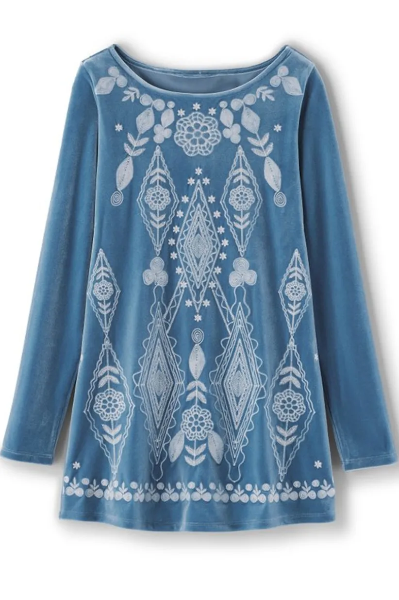 Soft Surroundings Nori Embroidered Velvet Tunic MoonlightBlue Outlet