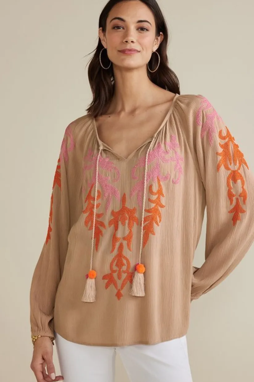 Soft Surroundings Noura Embroidered Gauze Pullover Sesame Discount