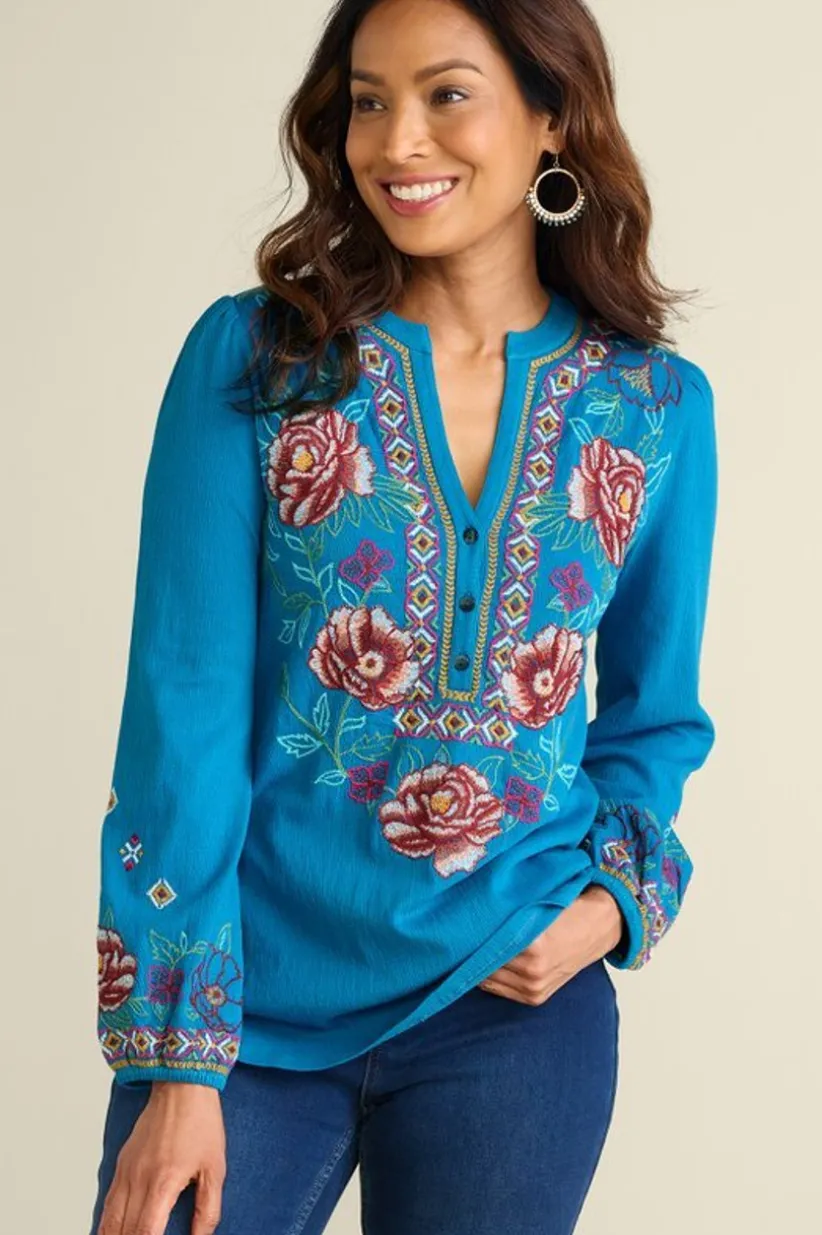 Soft Surroundings Riva Embroidered Knit Gauze Top BlueSapphire Outlet