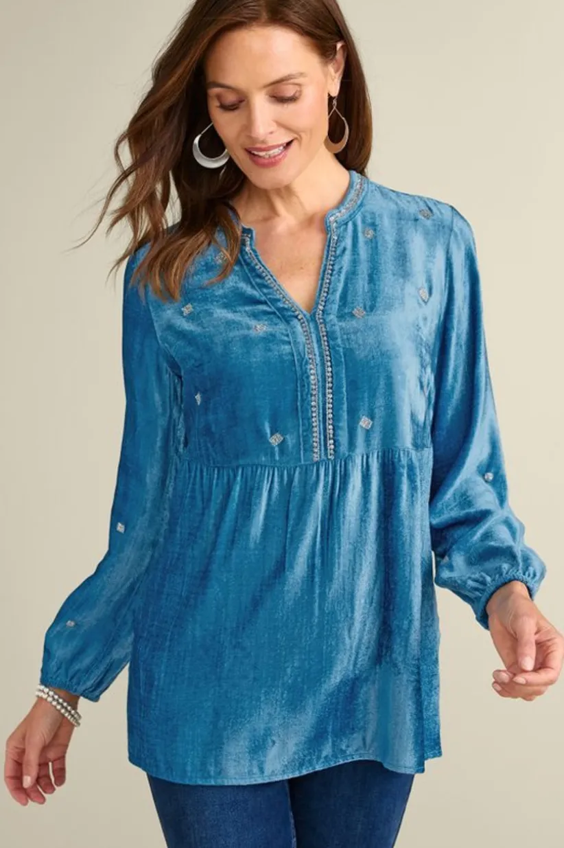 Soft Surroundings Verna Embellished Velvet Tunic BlueSapphire Clearance