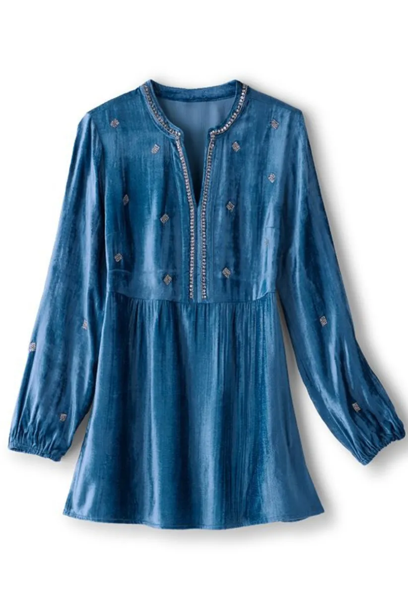 Soft Surroundings Verna Embellished Velvet Tunic BlueSapphire Clearance