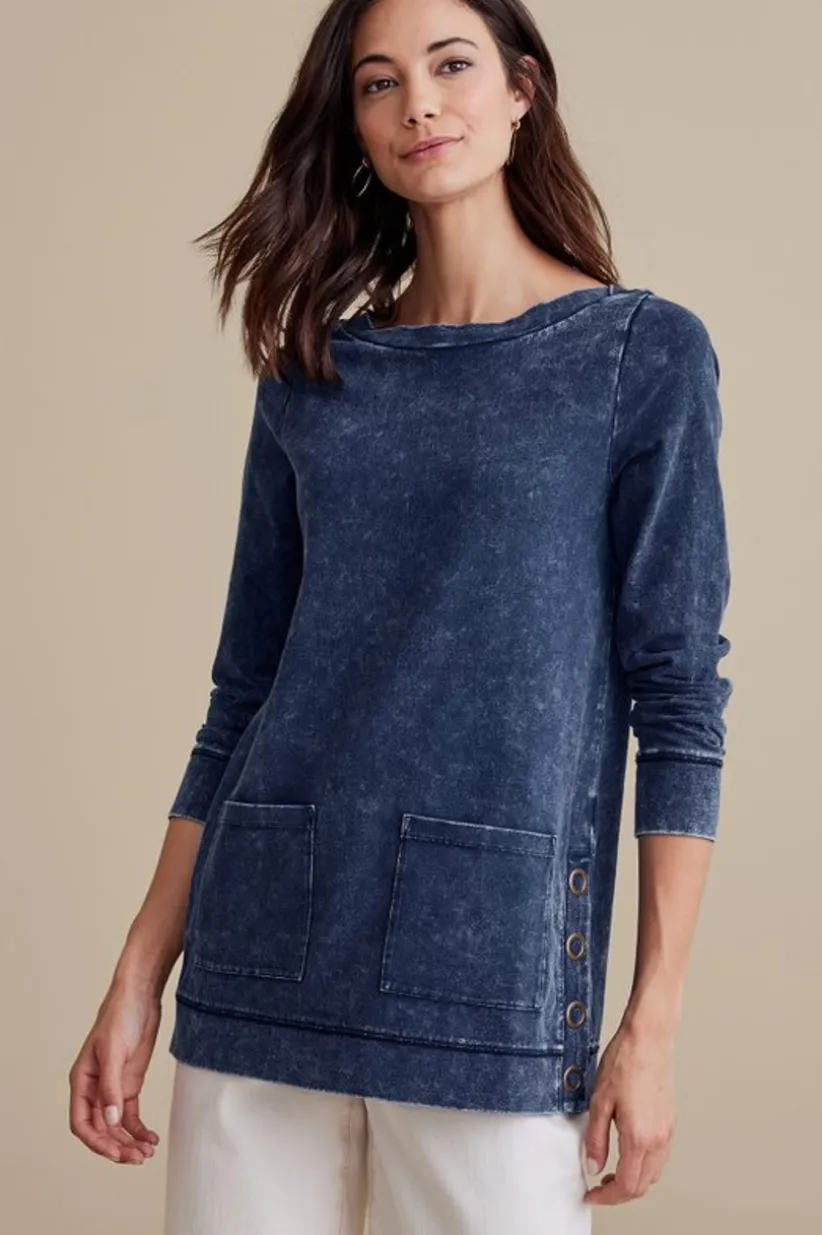 Soft Surroundings Washed Make It Snappy Pullover DenimBlue Clearance